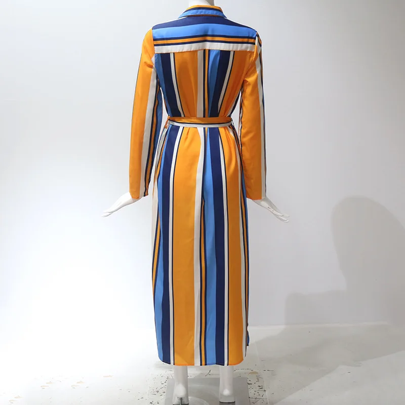 

Stripe Shirt Dress Turn Down Collar Casual Long Sleeve Loose Button Belt Split Spring Chiffon Boho Beach Plus Size Women Dresses