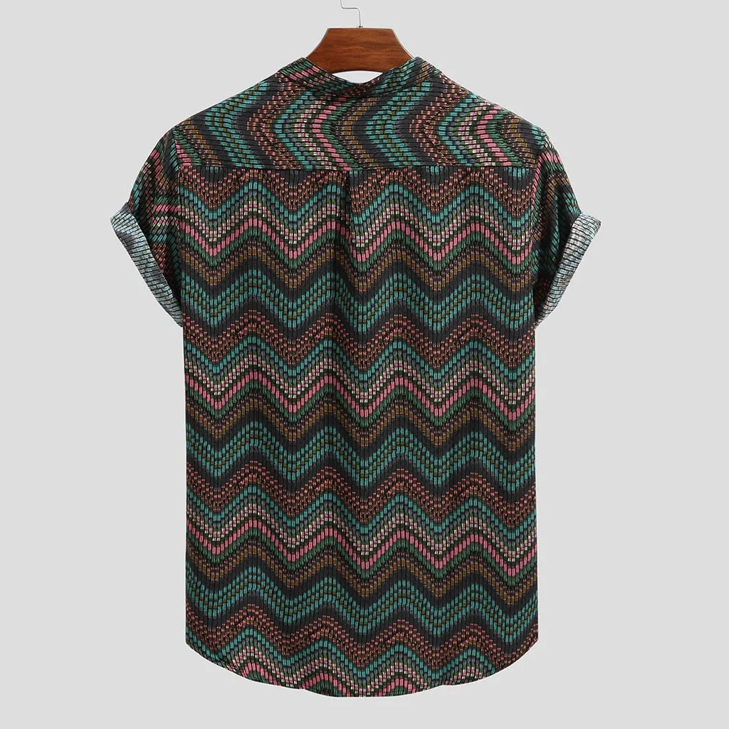 Men's Clothing Vintage Ethnic Printed Turn Down Collar Short Printed Fashion Stand Collar Short Sleeve Loose Shirts Blouse