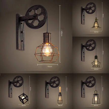 Винтажная железная круглая лампа в стиле лофт черного/рустикального цвета со