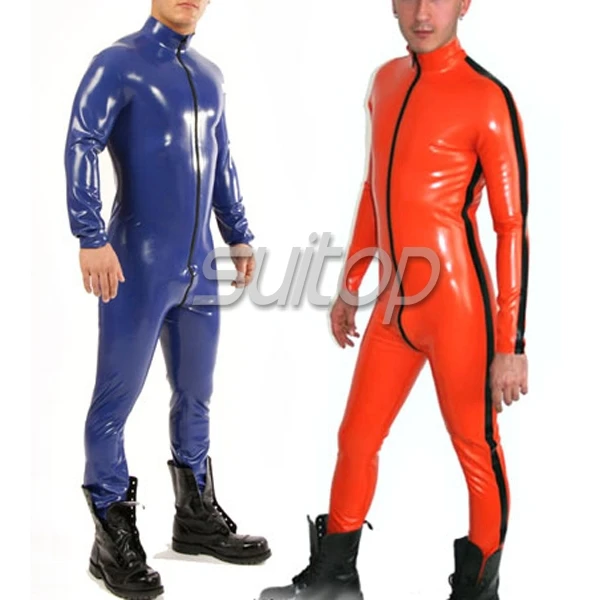 

High quality dark blue latex rubber catsuit glued with front zipper
