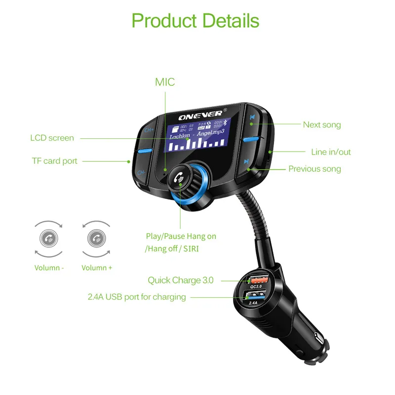 ONEVER FM модулятор передатчик с qc3.0 Dual USB Автомобильное Зарядное устройство Bluetooth