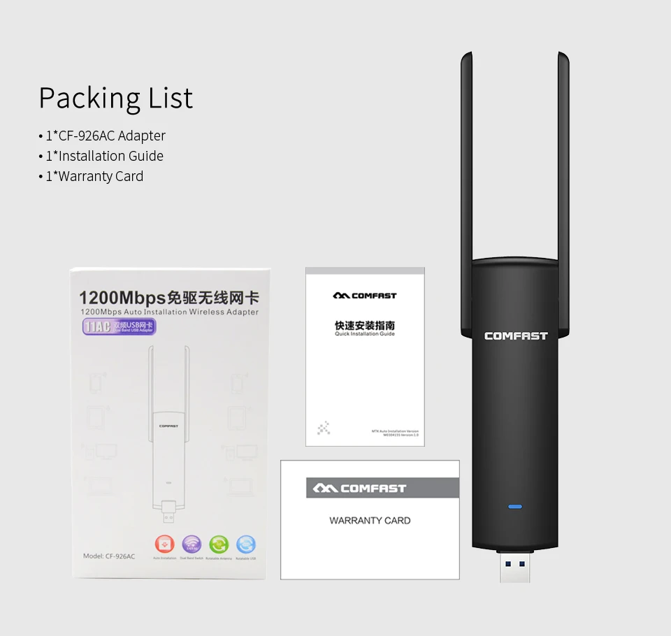 

Comfast High Power Usb Wifi Adapter 1200Mbps 2.4G+5.8Ghz Dual Band Wi-Fi Dongle AC Network Card Extender Antenna A CF-926AC