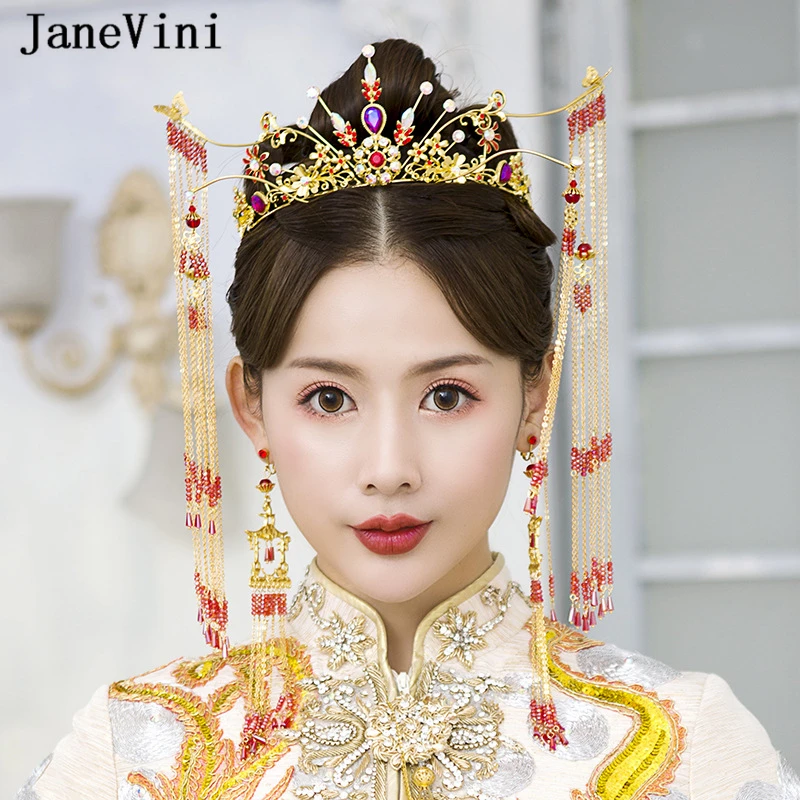 JaneVini роскошный китайский стиль свадебная корона старинное цветное с бисером
