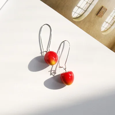 H Small AOMU Japan Cute Sweet Simulation Gradient Red Cherry Gold Color Fruit Pearl Stud Earrings for Women Girl Lovely Party Birthday - Окраска металла: H Small
