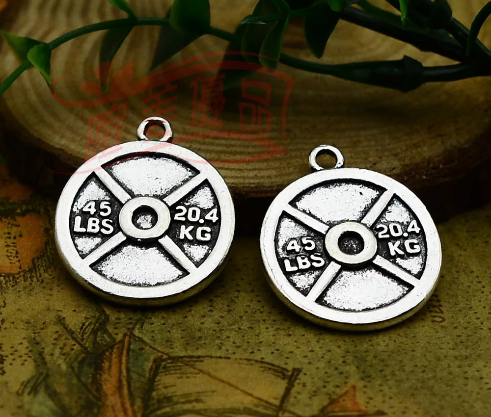 free shipping 50pc/lot 24mm Finish Antique Silver Alloy 45LBS Weight Plate Charm Bodybuilding Crossfit Fitness Jewelry Making | Украшения и