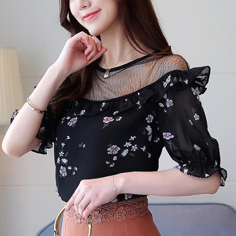 Для женщин Блузка шифон Цветочные Blusas Feminina короткий рукав топы с открытыми