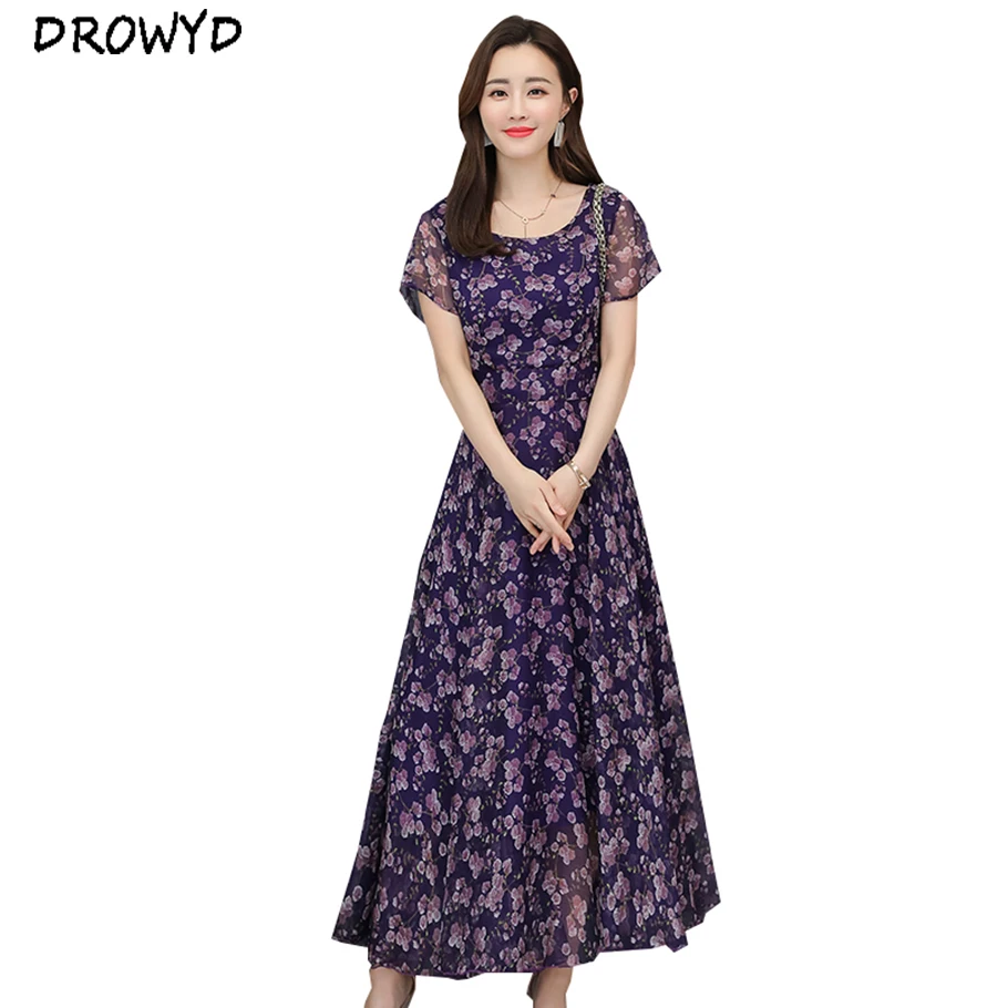 

Plus Size Summer Chiffon Floral 3XL Long Dress 2019 Bohemian Sexy Short Sleeve O-neck Dress Casual High Waist Beach Party Dress