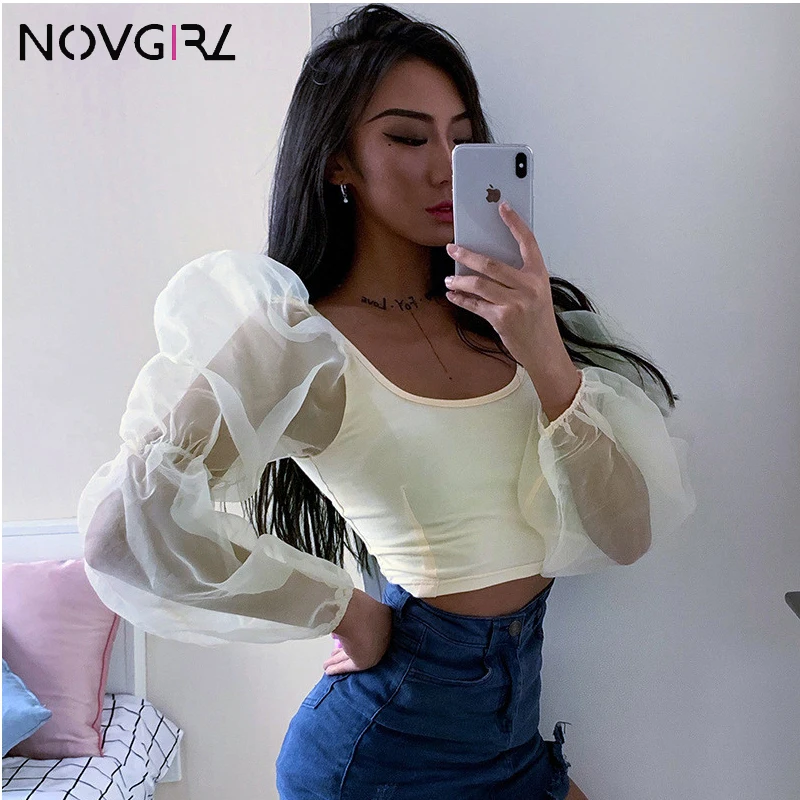 Сексуальная Сетчатая футболка Novgirl с длинным рукавом и открытым верхом модель 2019