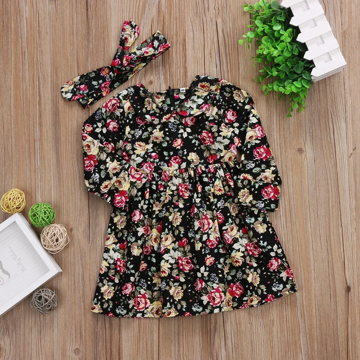 2019 Baby Autumn Clothing Toddler Kid Girl Cotton Floral Princess Longsleeve Dress Lace Tutu Gown Headband 2Pcs 6M-3T | Детская одежда