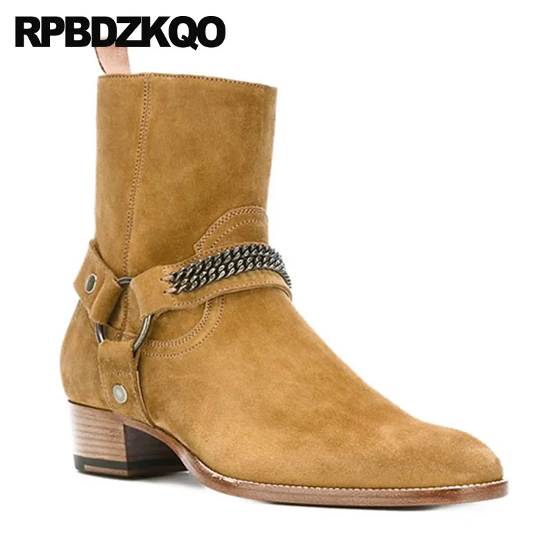 

Luxury Autumn Ankle Harness Black Genuine Leather Pointed Toe Chunky Plus Size Suede Boots Fall Designer Shoes Men High Quality