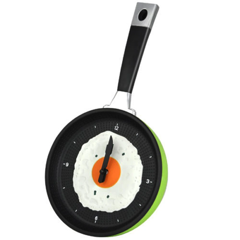 Сковорода часы с яичницей кухонные настенные для кафе зеленые|frying pan clock|pan clockwall