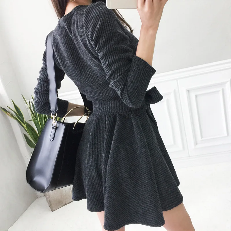 

Solid Plus Size A-line Dress 2018 Women Autumn Gray Long Sleeve V-neck Casual Office Lady Mini Dress Work Short Dresses Elbise