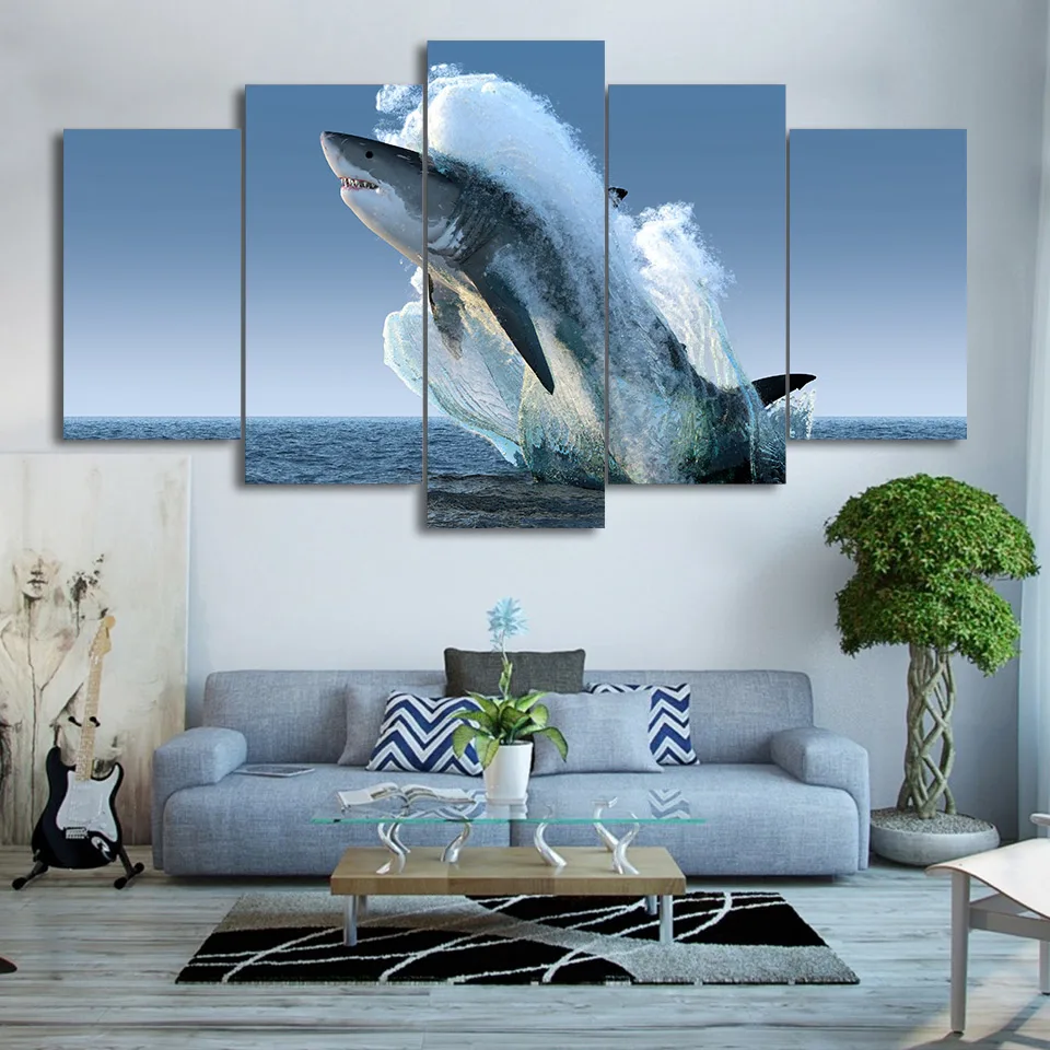 Домашний декор Гостиная Wall Art 5 Панель прыжки белая картина с изображением акулы