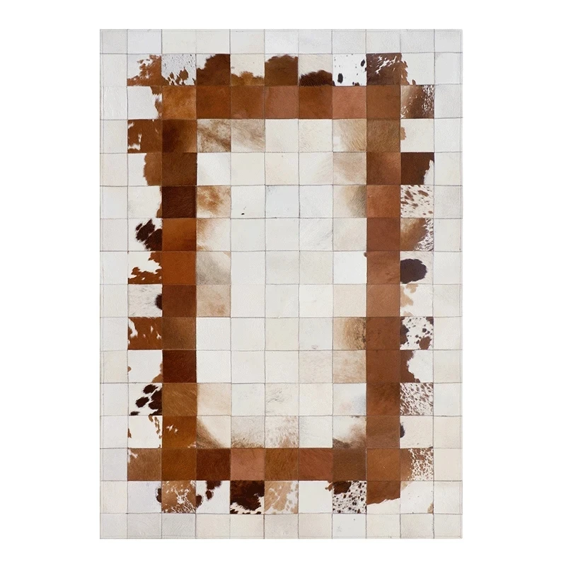 

European style luxury natural cowhide patchwork rug , big size milch cow skin fur chequer carpet for living room
