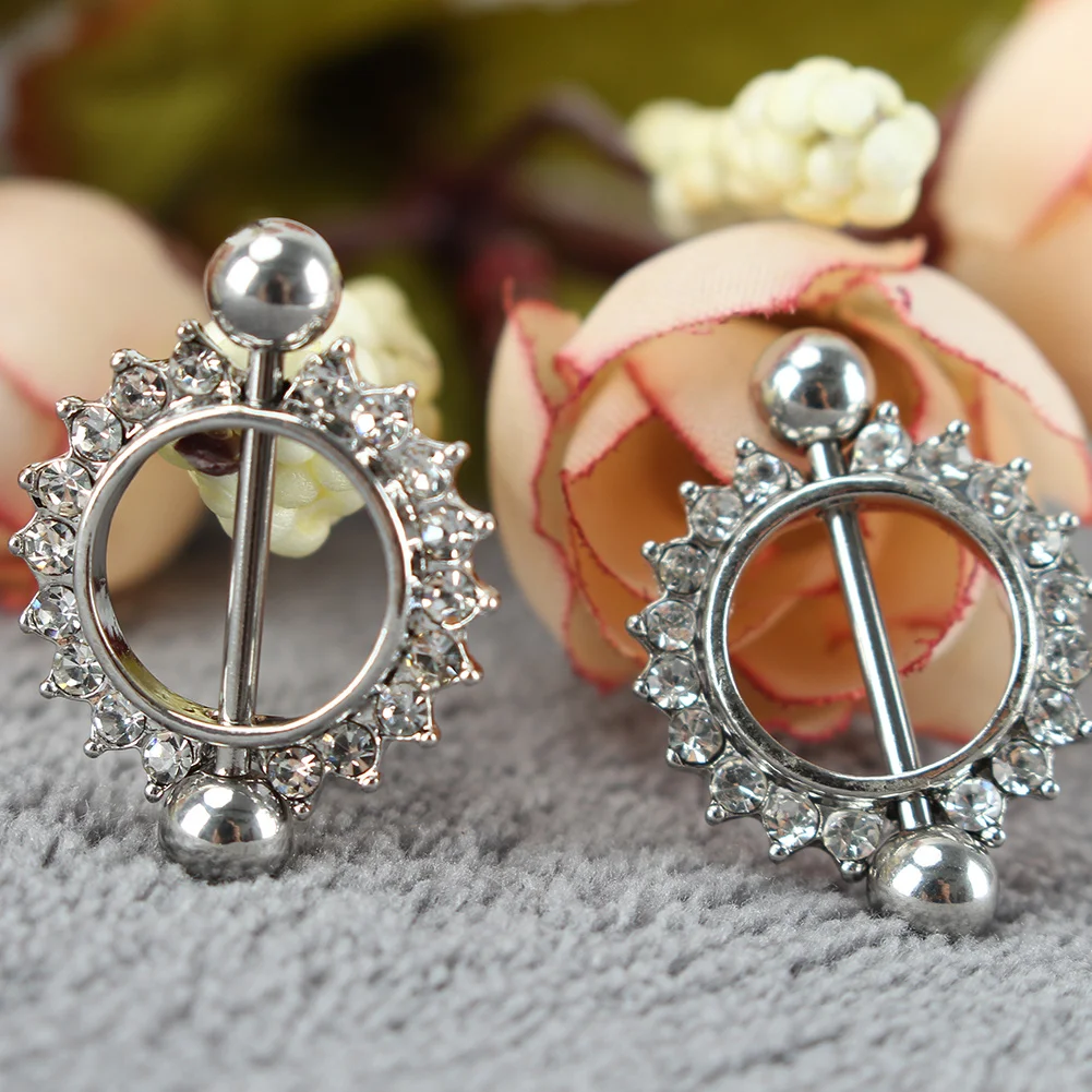 2 Шт. Серебряный Тон 316L Хирургическая Сталь Кристалл Rhinestone Цветочный Цветок Круг