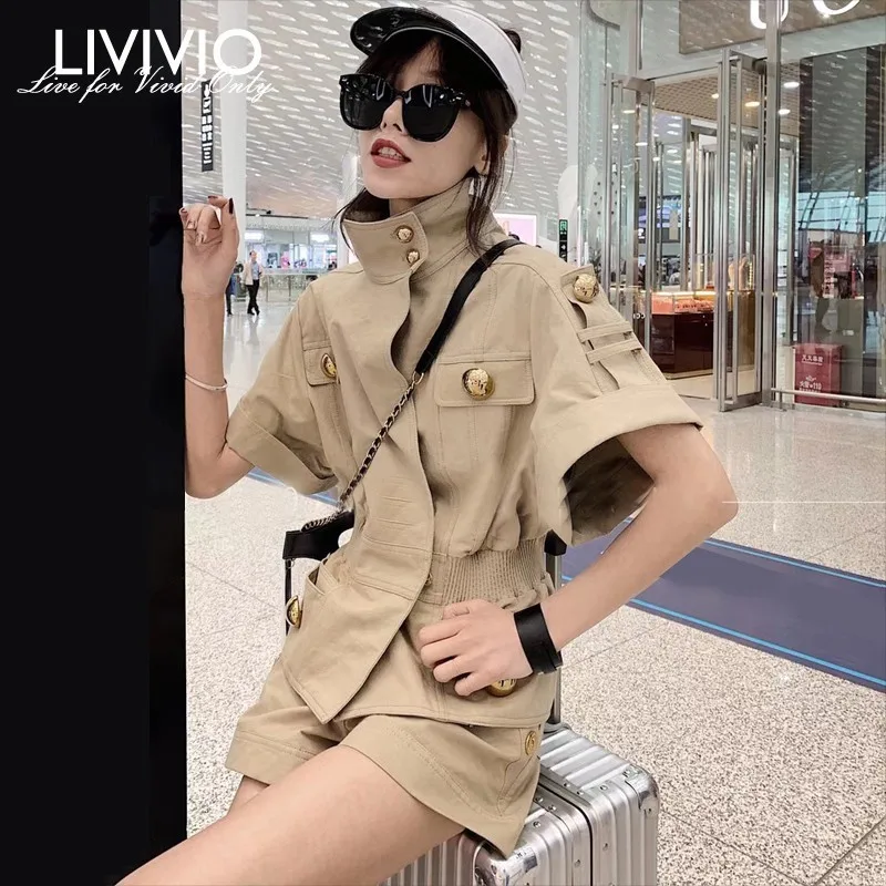 [LIVIVIO] Летний Однотонный женский костюм на пуговицах короткий рукав высокий завернутый воротник Туника Топы Высокая талия Шорты Женский комплект из двух предметов Мода