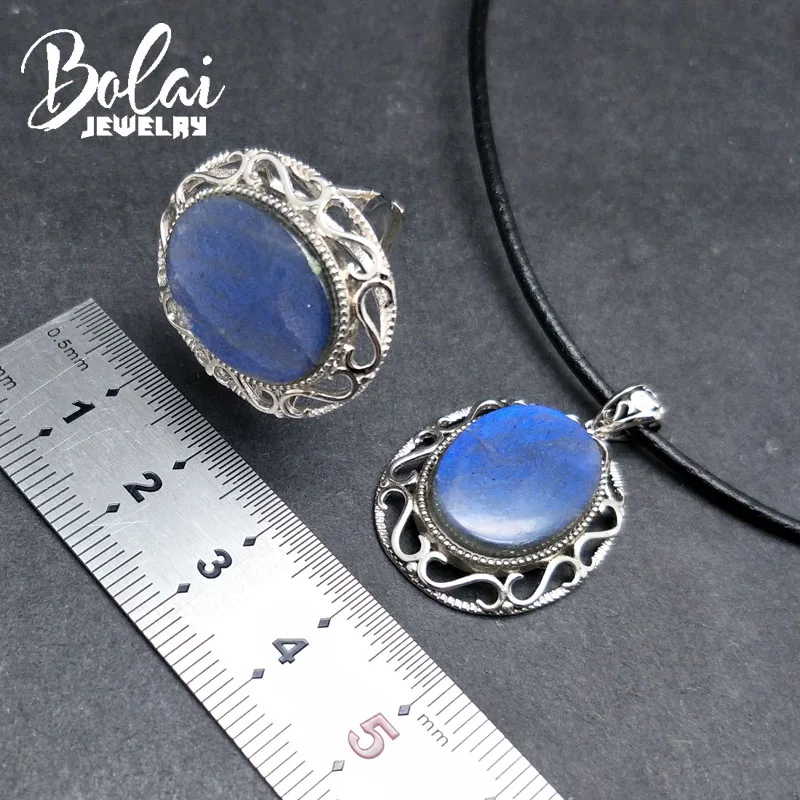 Bolaijewelry, продукт Ретро стиль кулон натуральный лабрадорит кулон и кольцо 925 Серебряный кулон ожерелье как женщина лучший подарок