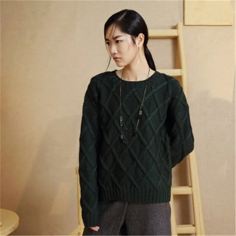 

100%hand made pure wool twisted knit women streetwear Oneck argyle solid H-straight pullover sweater one&over size