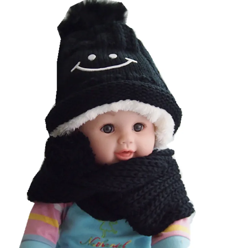 new warm plush thick smile embroidery wool ball baby beanies + scarf sets boys girls caps collars kids winter wear 1-5 years hat |