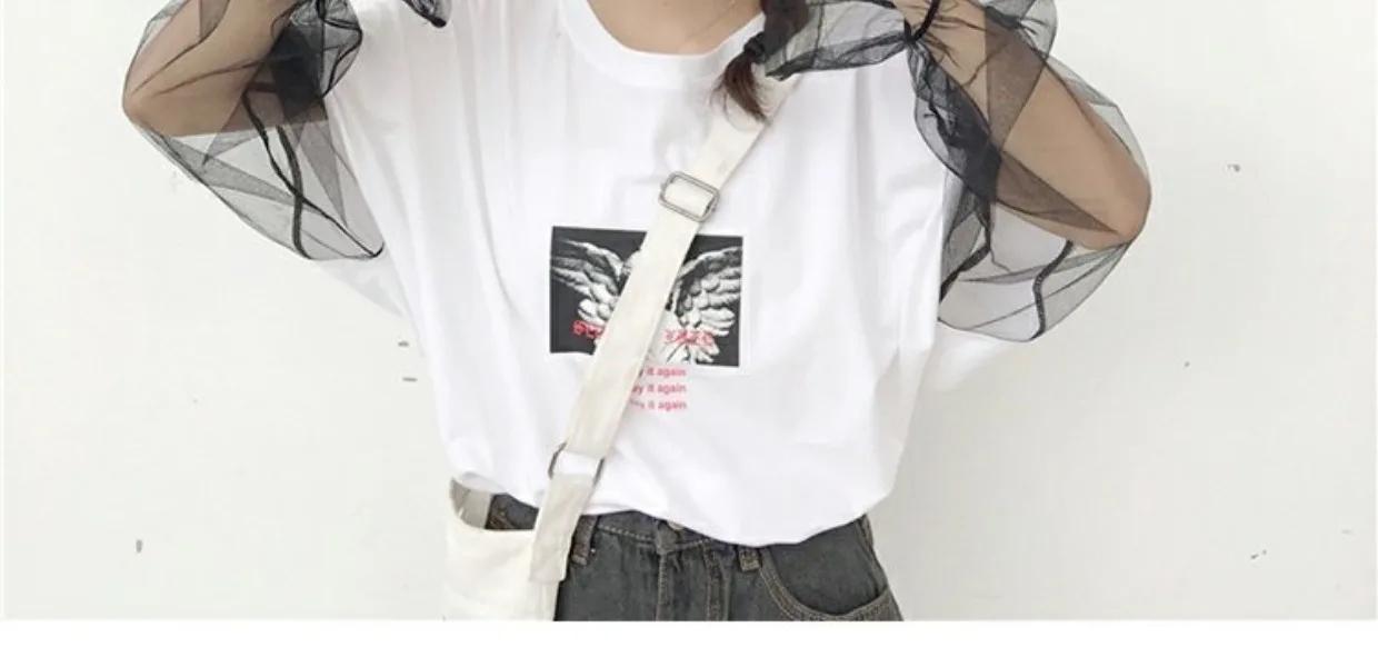 YouGeMan Весенняя летняя одежда корейская Ulzzang Harajuku печатная сетчатая Лоскутная футболка с расклешенными рукавами Женская Повседневная футболка с круглым вырезом