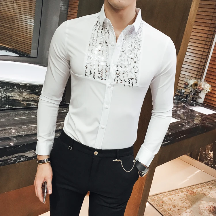 Новинка 2017 года корейский бренд моды блесток Slim Fit Для мужчин S Кружевная рубашка