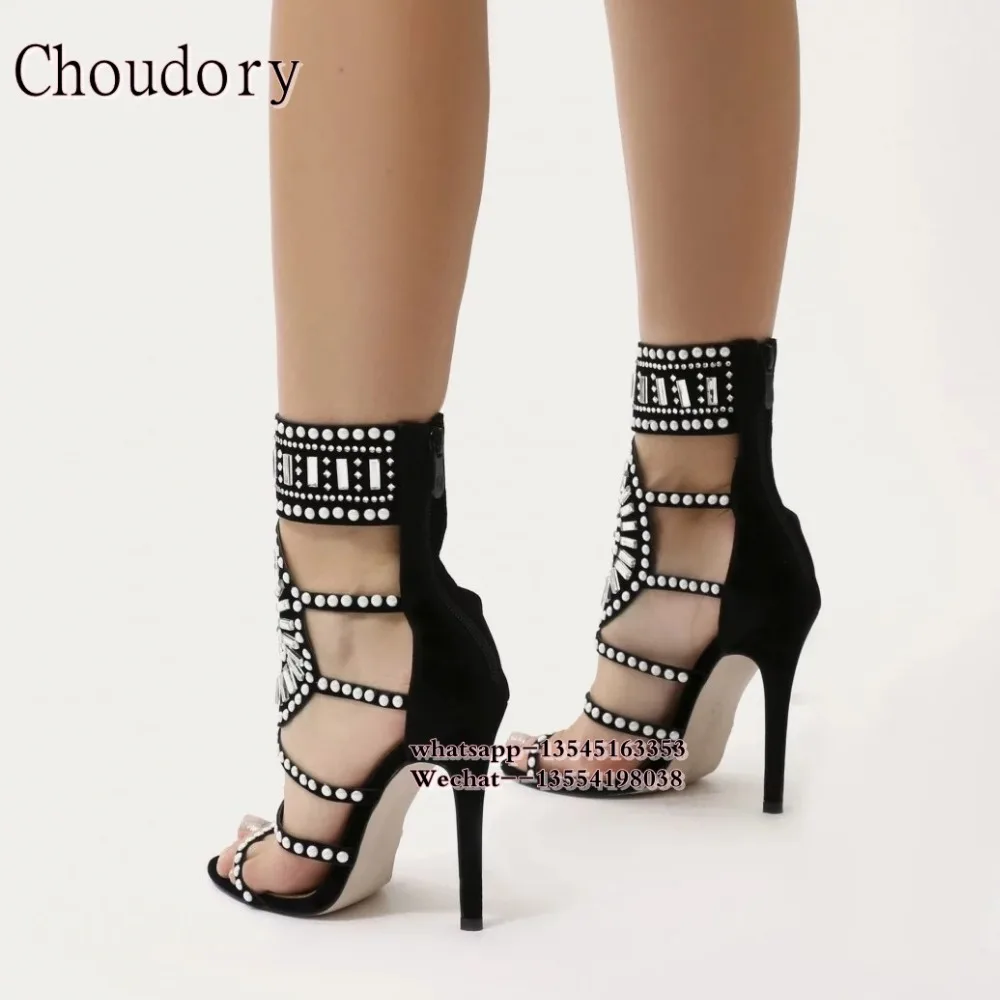 Женские ботильоны на высоком каблуке с вырезами и кристаллами|rhinestone gladiator