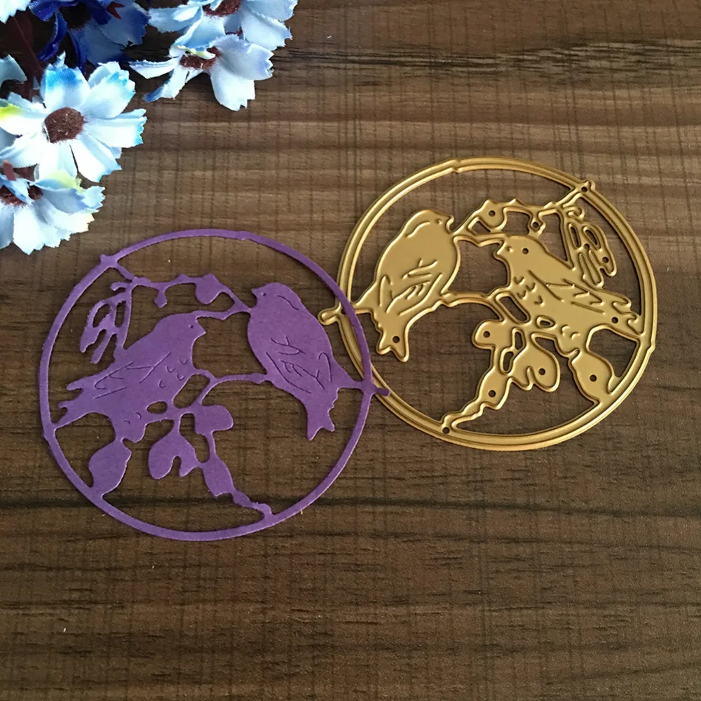 Новые металлические режущие штампы трафареты 2 птицы на ветках в круглой оправе