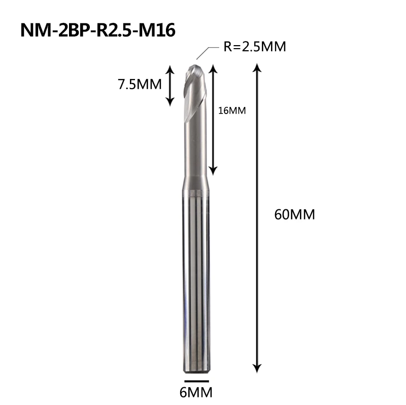 NM-2BP-R2.5-M16 NM-2BP, Вольфрамовая сталь, 2 флейты, круглый нос, длинная шея, с покрытием, Концевая фреза, Фрезерный резак, режущие инструменты для меди и алюминиевого сплава - Длина режущей кромки: NM-2BP-R2.5-M16