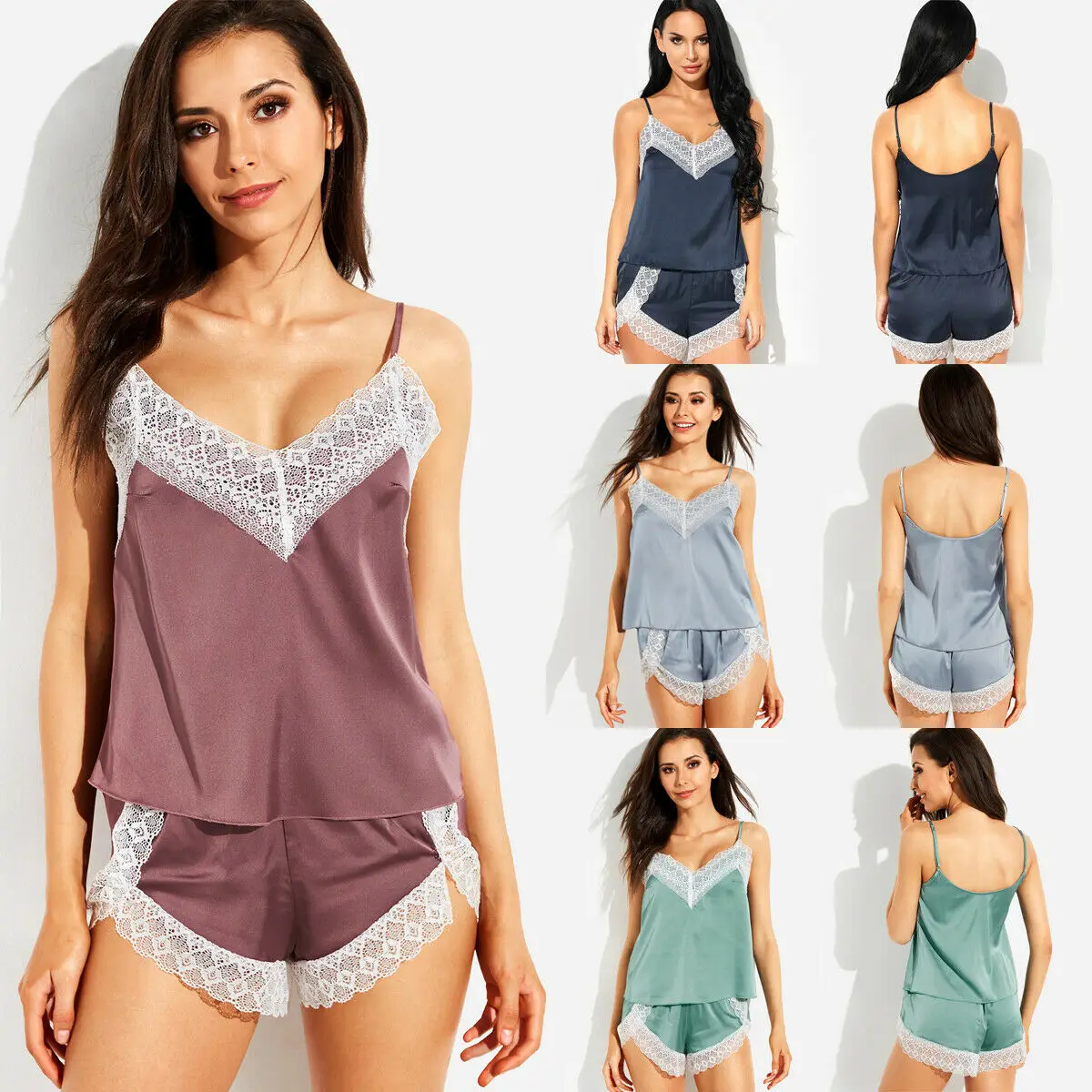 Пижама сексуальная пижама атласный комплект короткая белая кружевная атласная с