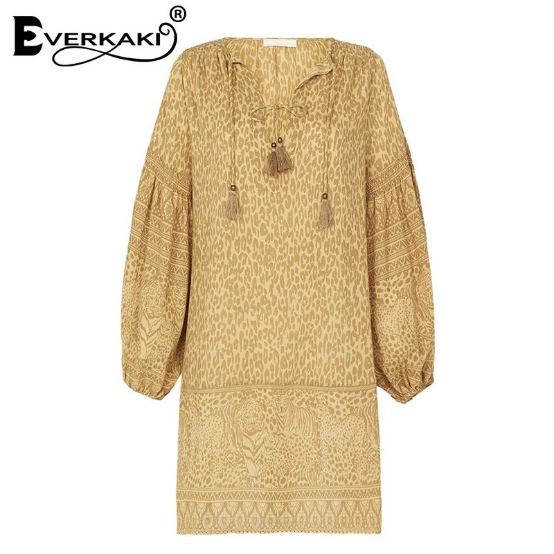 Everkaki Boho мини платье с цветочным принтом для женщин хлопковое v образным вырезом и