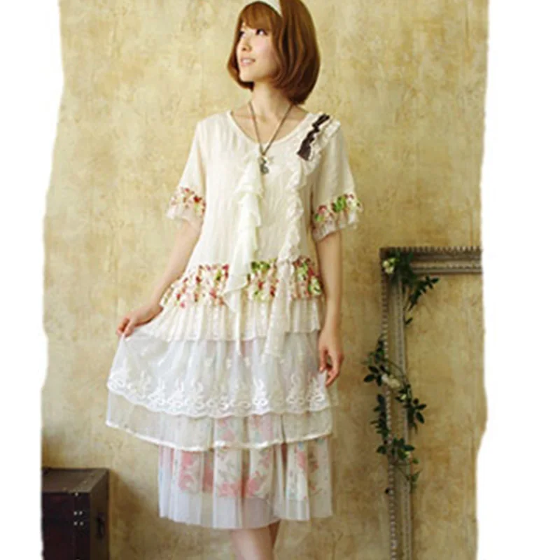 Женское летнее платье с каскадными оборками милое кружевное в стиле девушки Мори