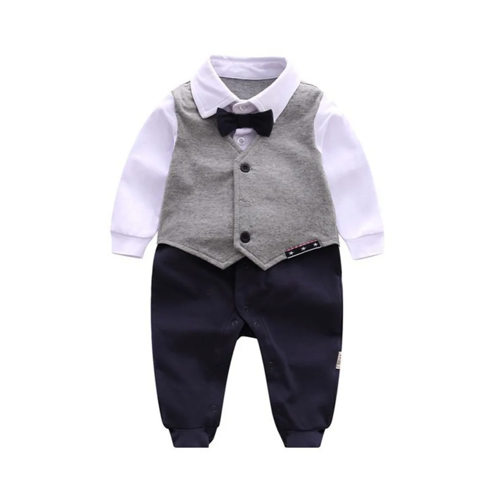 Newborn Baby Boy Gentleman Footed Romper Vest Wedding Party Tuxedo Suit Jumpsuit with Bowtie 1pc Formal Outfit Set |