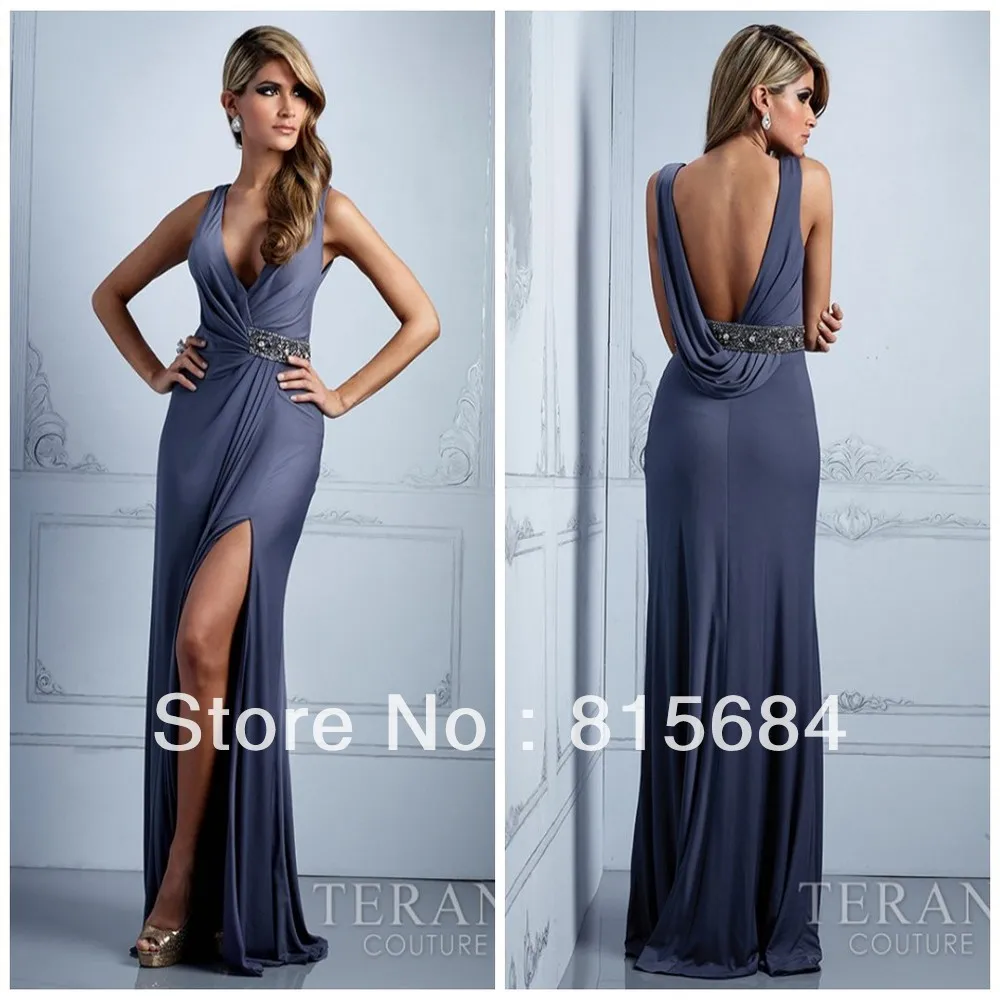 Exquisite Free shipping V neck Sheath Open back Spandex Sexy Gray Mother of the bride dress Prom gowns formal evening | Свадьбы и
