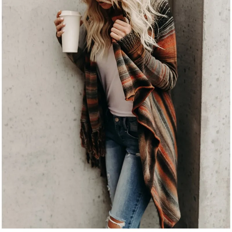 Spring Autumn Women Irregular Hem Long Knitted Cardigan Jacket Casual Tassel Striped Cloak Cardigans Coats Oversized Stripe Tops |