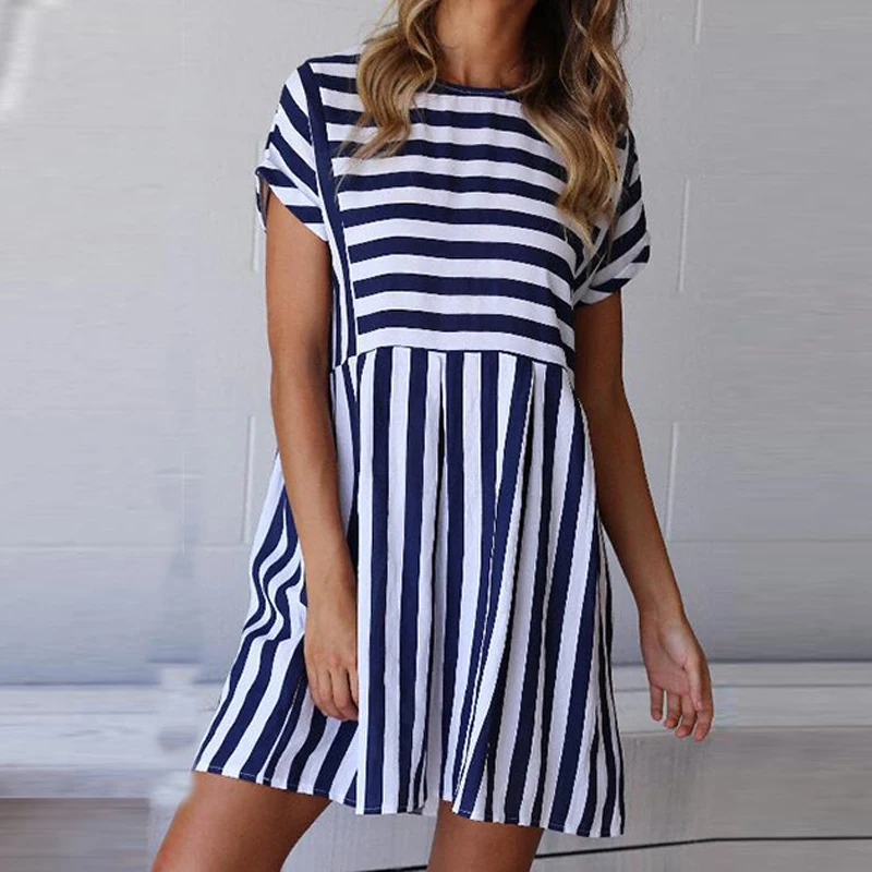 New Striped Women Summer Dress Plus Size Short Sleeve Loose O Neck Casual Dresses Robe Femme Pockets A-line Beach Sundress | Женская
