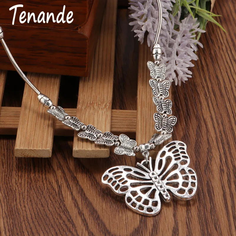 

Tenande Boho Tibet Silver Color Big Statement Butterfly Double Layer Small Butterflies Flying Chain Pendant Necklaces for Women