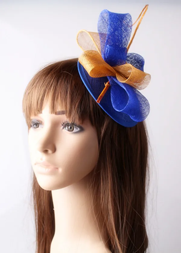 Головные уборы Sinamay с перьями аксессуары для вечерние НКИ ярко-синего и золотого