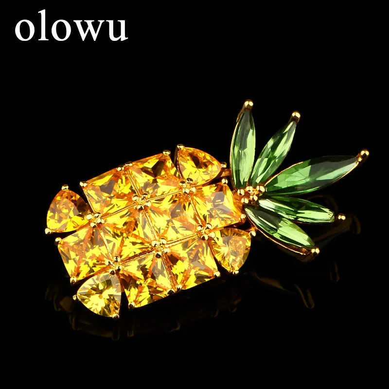 Olowu Мода фрукта ананаса CZ броши для Для женщин, ювелирные изделия для девушек, желтый и зеленый цвета из цветного циркона, хрусталя, брошь с застежкой