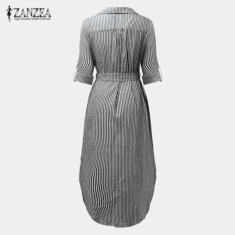 Brand Fashion Women's Long Shirt Dress Vertical Striped Ladies Sleeve Belted Side Split Maxi Vestidos 4XL Women | Женская одежда