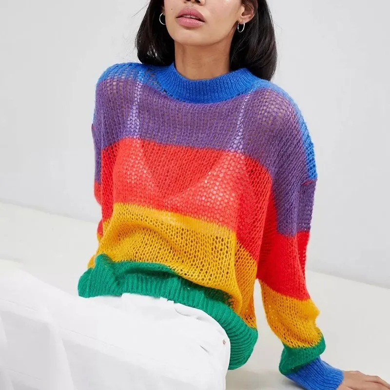 Women Big Size Rainbow Short Sweaters Pullovers Autumn Knitted Fashion Transparent Sexy Jumper | Женская одежда