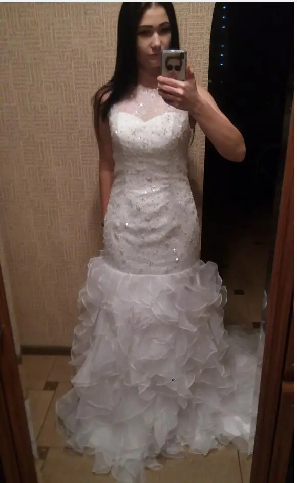 2016 милые русалка белое кружево бисерные Пышные свадебные платья без бретелек