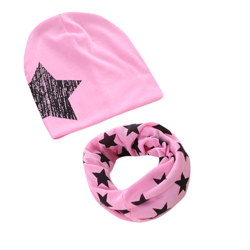 pink hat-scarf Хлопковая детская шапка, шарф, Детские шапочки, детские шапки с принтом звезды, весна-осень, детская шапка, набор шарфов для маленьких девочек, шапочки реквизит для фотосессии - Цвет: pink hat-scarf