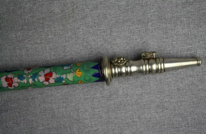 

Collection Chinese Cupronickel Crafts Painting Flowers Cloisonne Pipe Smoking Tool