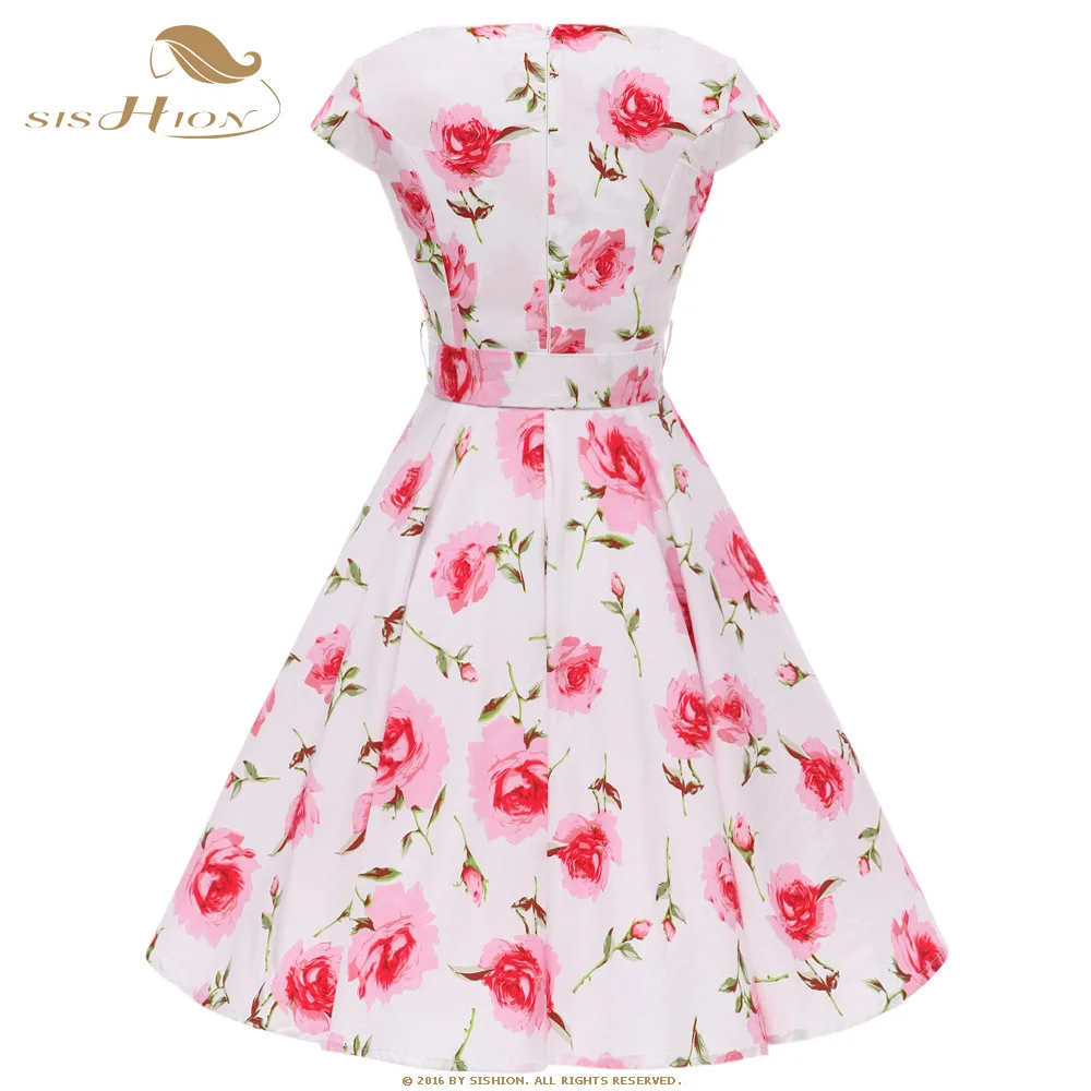 SISHION Retro Vintage Dresses with Large Swing High Quality Floral Print Cherry Blue White Cotton Women Summer Dress VD0785 | Женская