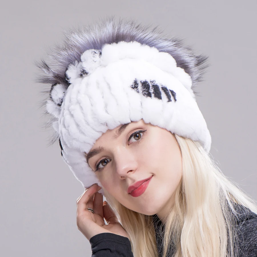 Fxfurs Winter Rex Rabbit Fur Hat With Silver Fox Flowers Top Knitted Beanies Fashion Women Causal Real Warm Cap | Аксессуары для