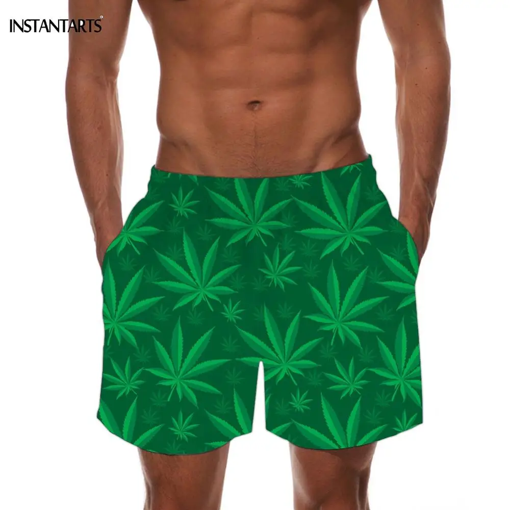 INSTANTARTS Tropical Hemp Weed Leaves/Maple Leaf Pattern Man's Swimming Trunks Beach Board Shorts Quick Dry Sports Swim Suits