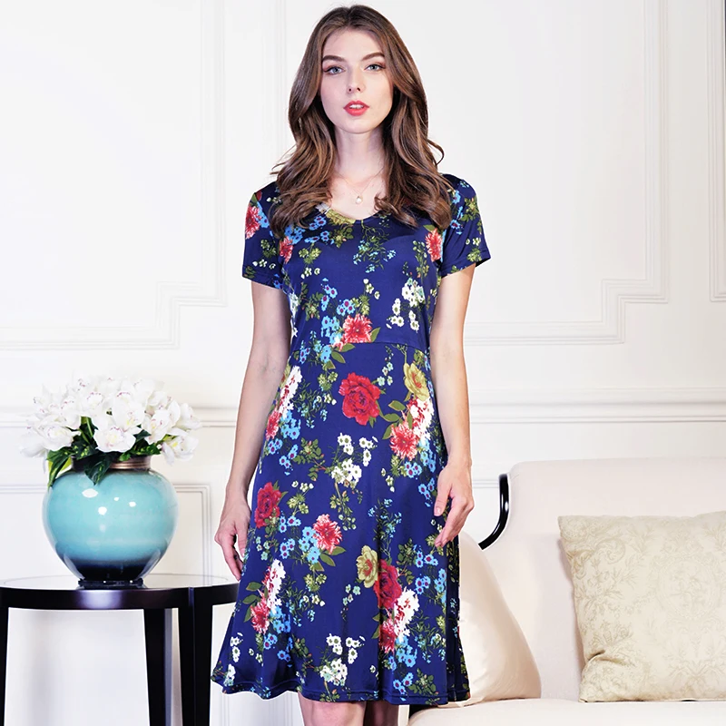 Шелковое платье женский летний короткий рукав v-образный вырез эластичная