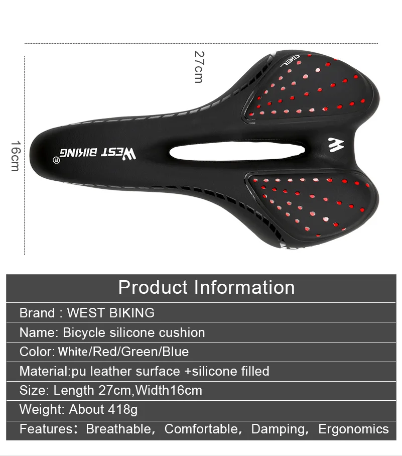 WEST BIKING, велосипедное седло, дышащая, из искусственной кожи, с полой подушкой, комфортное, шоссейное, MTB, велосипедное седло, гелевое+ полиуретановое, противоударное