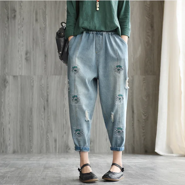 Весна Лето Джинсы Модные женские свободные повседневные джинсовые брюки с