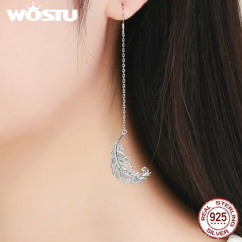 WOSTU 2019 Мода 925 пробы Серебряное перо длинные висячие серьги Классический Стиль